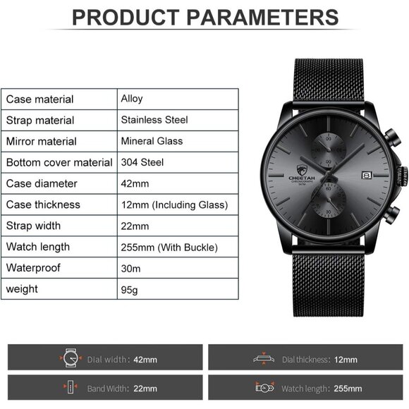 ⚡Black Men’s Watch Fashion Sport Quartz Analog Mesh Stainless Steel Waterproof - Picture 5 of 7